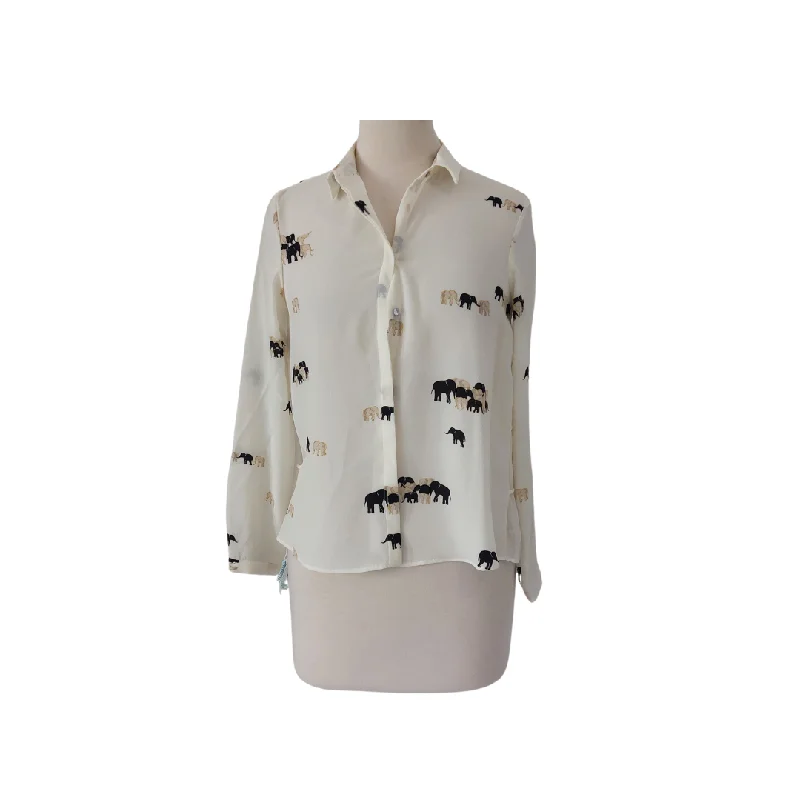 ZARA Cream Elephant Print Semi-sheer Collared Shirt | Gently Used | Cozy Printed Short Shirt