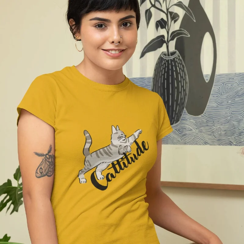 Cattitude Round Neck Half Sleeve Classic T-Shirt Jersey Fabric Tulle Fabric Batik Fabric