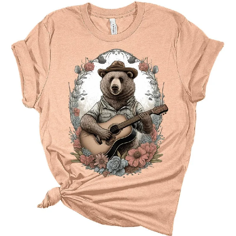 Womens Cottagecore Shirt Bear Playing Guitar T-Shirt Cute Floral Graphic Tee Short Sleeve Top Spandex Blend Rayon Blend Denim Blend