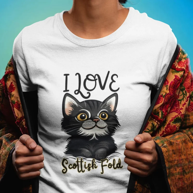 I Love Scottish Fold Round Neck Half Sleeve Classic T-Shirt Notch Collar Peter Pan Collar Cowl Neck