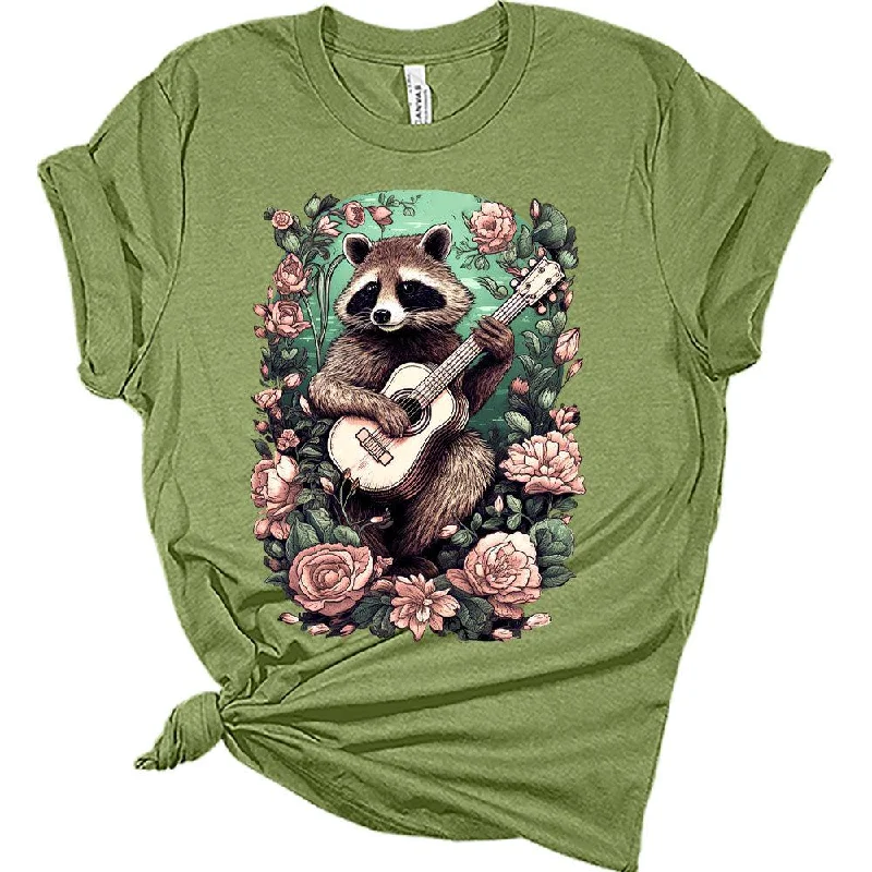 Womens Raccoon Playing Guitar Boho Groovy Shirt Cottagecore Clothing Animal Playing Music T-Shirts Cute Short Sleeve Graphic Tees Plus Size Summer Tops Jersey Fabric Tulle Fabric Batik Fabric