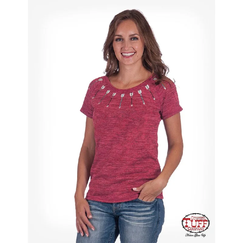 Cowgirl Tuff Arrow Accent Women's Red Tee Rayon Velvet Corduroy