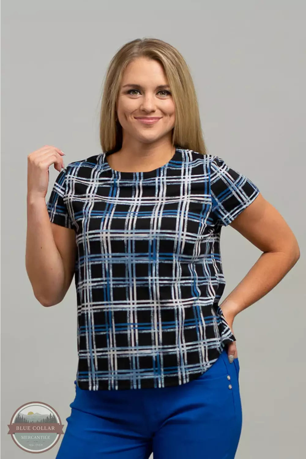 T2982241 Blue Plaid T-Shirt Satin Fabric Silk Fabric Chiffon Fabric