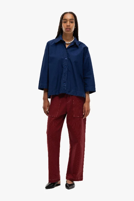 Flying Fish Shirt Navy Chic V-Neck Short Blouse