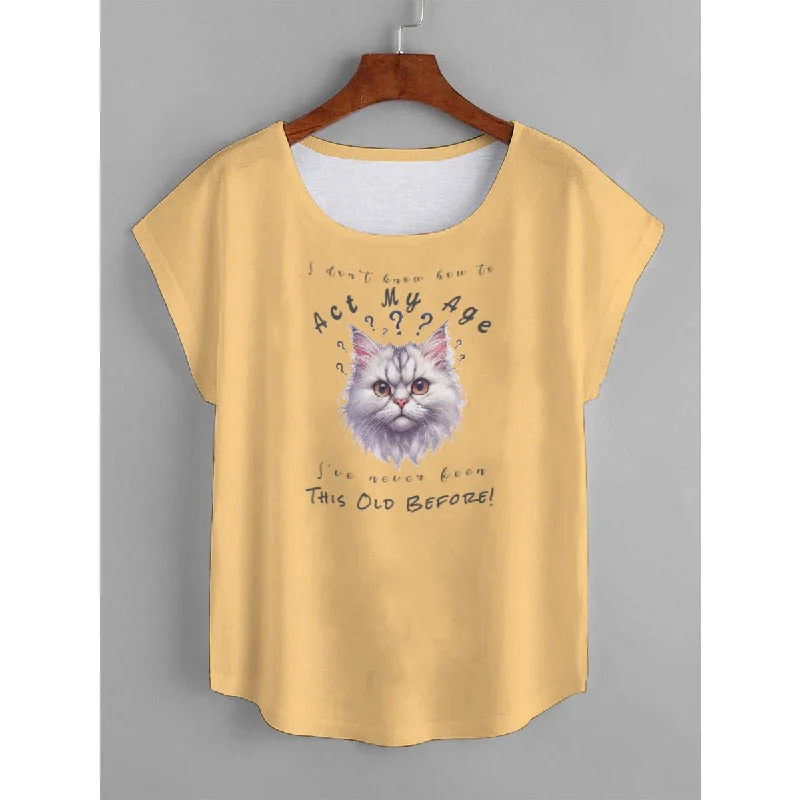 I Don't Know How to Act My Age Women's White Cat T-shirt Front Pockets Side Pockets Patch Pockets