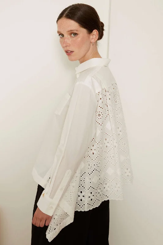 Jovonna Arja White Broderie Anglaise Back Shirt Soft Silk Short Sleeve