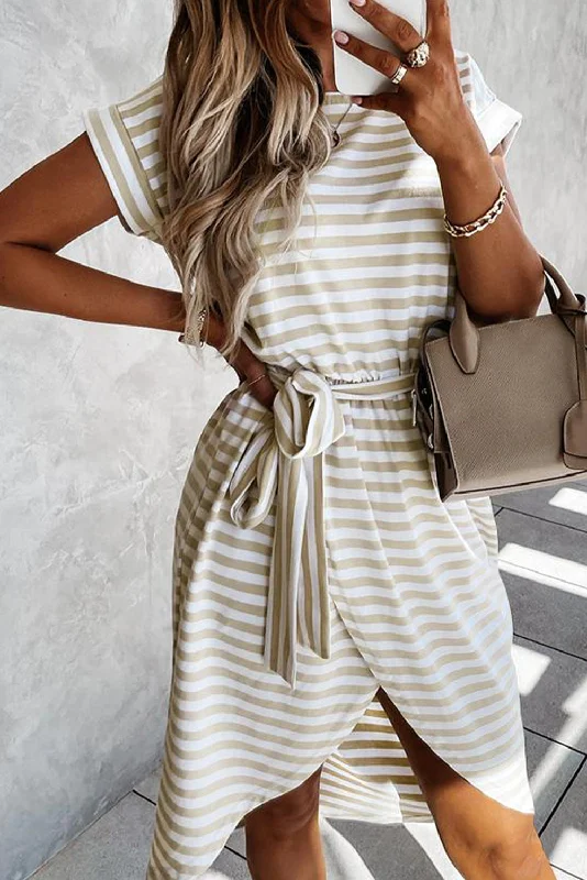 Khaki Stripe Short Sleeve Belted Wrapped Hemline T-Shirt Dress Seamless Knitted Crochet Khaki Stripe Short Sleeve Belted Wrapped Hemline T-Shirt Dress Seamless Knitted Crochet