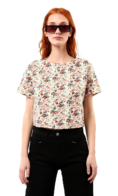 O183065 Crew Neck Multicolour Floral Short Tee Fashionable Trendy Casual