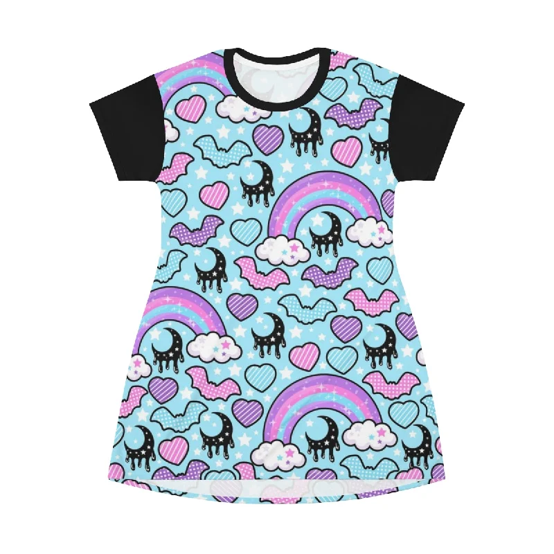 Rainbow Spooky Bats Blue All Over Print T-Shirt Mini Dress Spandex Blend Rayon Blend Denim Blend Rainbow Spooky Bats Blue All Over Print T-Shirt Mini Dress Spandex Blend Rayon Blend Denim Blend