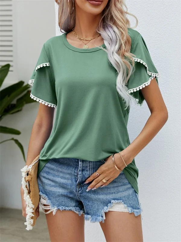 Round Neck Tassel Tulip Sleeve T-Shirt Casual Top Women Mesh Blend Leather Blend Suede Blend