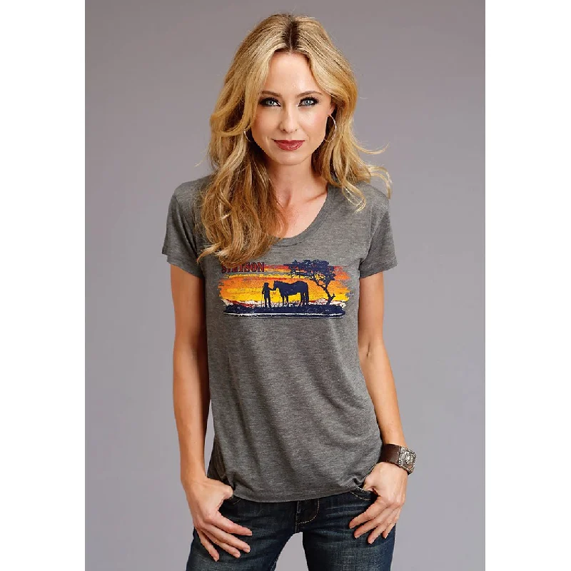 Stetson Girl & Horse Screen Print Women's Grey T-Shirt Solid Print Embellished