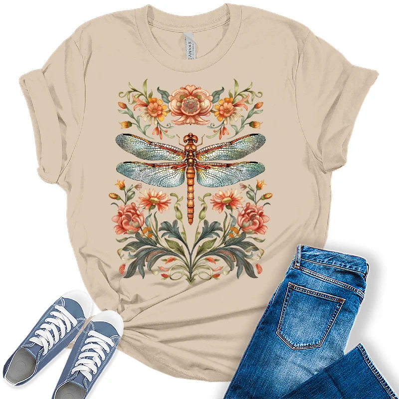 Trendy Floral Dragonfly Summer Boho Womens Graphic Tees Cozy Warm Stylish