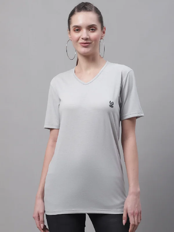 Vimal Jonney V Neck Cotton Solid Light Grey T-Shirt for Women Mesh Canvas Denim