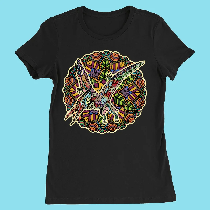 Women Pterodactyl Mandala T-Shirt Polka Dot Checkered Tartan