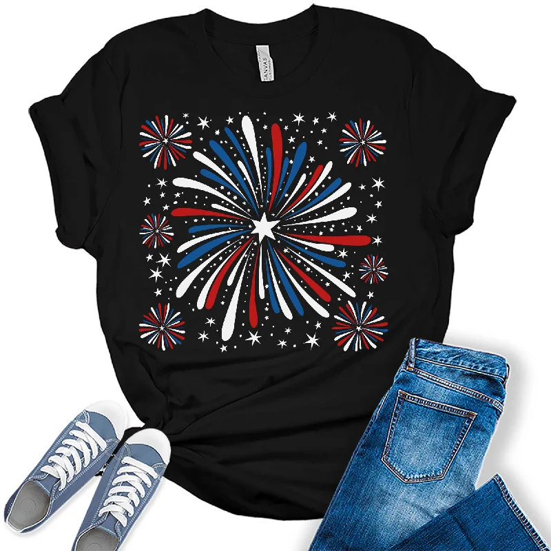 Womens 4th Of July Trendy Fireworks Patriotic Graphic Tees Graphic T-Shirt Round Neck Polyester