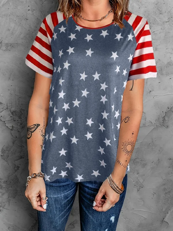 Women's Stars and Stripes Round Neck Short-Sleeved T-Shirt Plaid T-Shirt Polka Dot Checkered