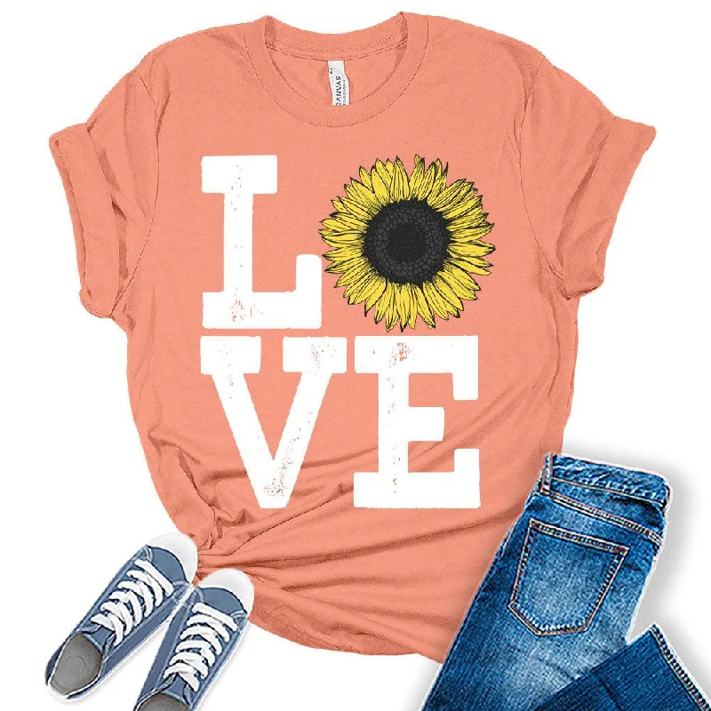 Womens Sunflower Casual Ladies Cute Floral Love Graphic Tees Spring Short Sleeve Plus Size Summer Tops for Women Elegant Classic Vintage