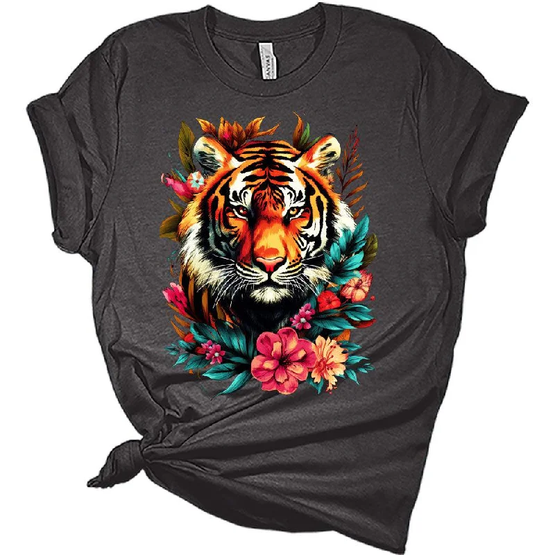 Womens Groovy Floral Tiger Shirts Cute T-Shirt Short Sleeve Tops Summer Crewneck Graphic Tee Cozy Warm Stylish