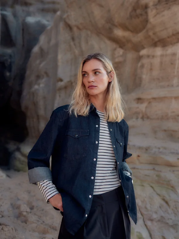 WOTE Dark Denim Shirt Casual Slouchy Short Sleeve
