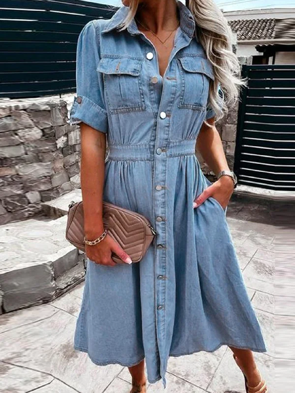 A-Line Flap Pockets Rolled Sleeve V-Neck Casual Lapel Denim Maxi Dresses Classic V-Neck Maxi Dress