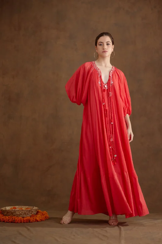 Coral Hand Embroidered Maxi Dress Comfortable Ruffle Hem Maxi Dress