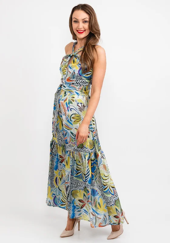 Camelot Halter Neck Leaf Print Satin Maxi Dress, Green Multi Stylish Long Sleeve Maxi Dress