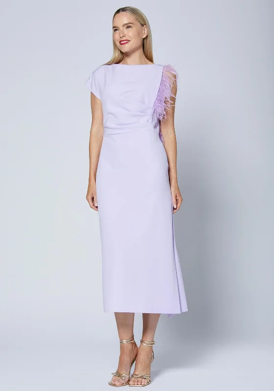 Caroline Kilkenny Trish Feather Shoulder Maxi Dress, Lilac Comfortable Maxi Dress with Slits