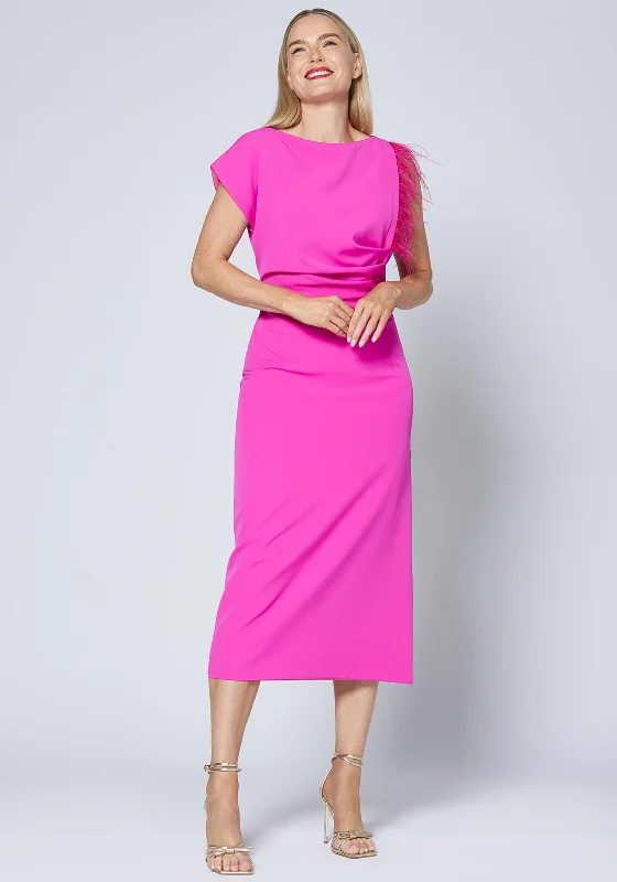 Caroline Kilkenny Trish Feather Shoulder Maxi Dress, Lipstick Pink Trendy Maxi Dress with Bow