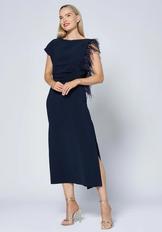 Caroline Kilkenny Trish Feather Shoulder Maxi Dress, Navy Stylish Boho Maxi Dress