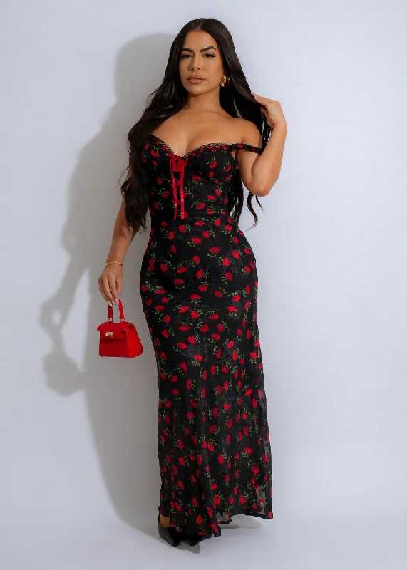 Crimson Blooms Maxi Dress Black Fashionable High-Waist Maxi Dress