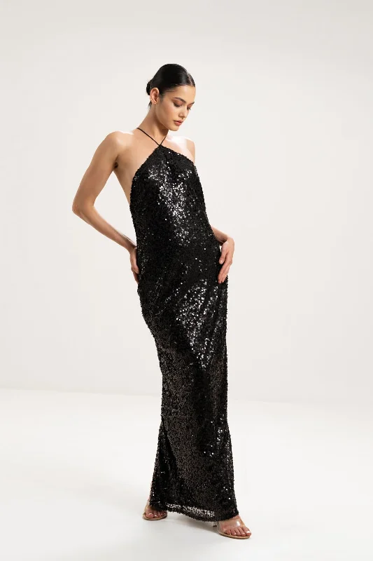 CROSS-NECK SEQUIN MAXI DRESS Comfortable Fitted Maxi Dress