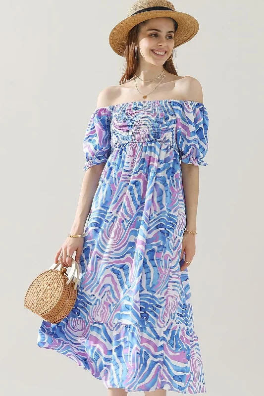 MABLE PATTERN OFF SHOULDER FLARE MAXI DRESS Trendy Off-Shoulder Ruffle Maxi Dress