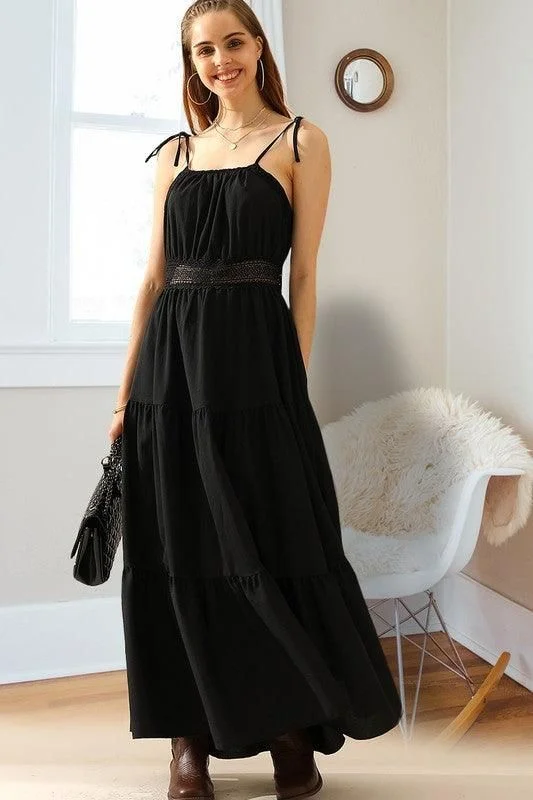 TIED STRING SPAGHETTI STRAP LACE WAIST MAXI DRESS Trendy Satin Maxi Dress