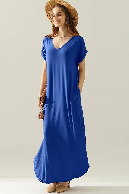 SHORT SLEEVE V-NECK MAXI DRESS WITH SIDE SLIT Stylish Pleated A-Line Maxi Dress