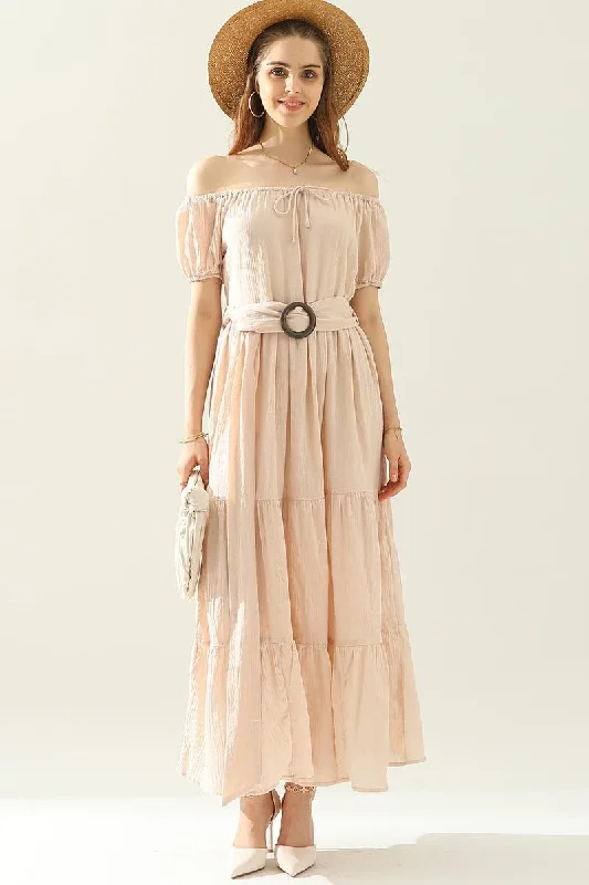 TIERED OFF SHOULDER SHORT SLEEVE MAXI DRESS Fashionable Sheer Maxi Dress