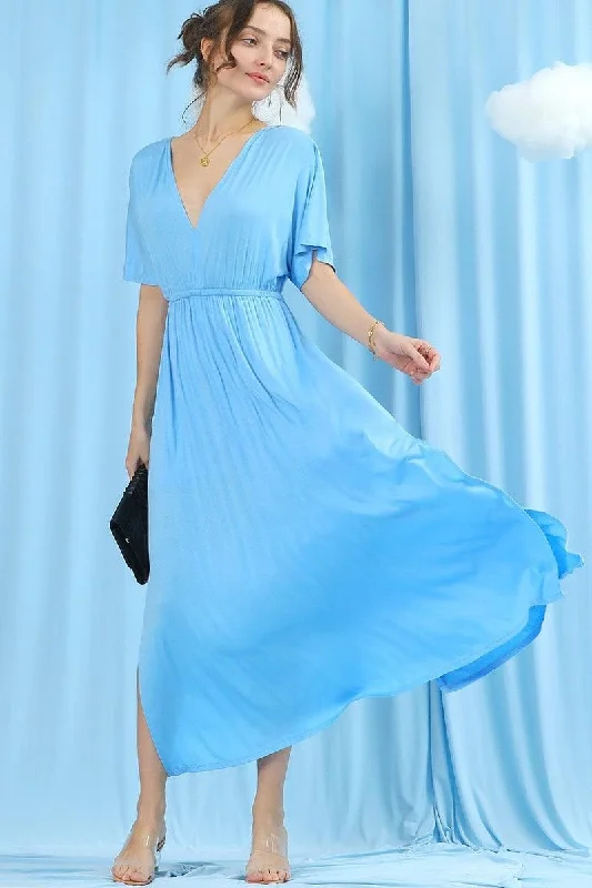 V NECK SHORT SLEEVE BACK BOW TIE EMPIRE MAXI DRESS Elegant Maxi Dress with Lace