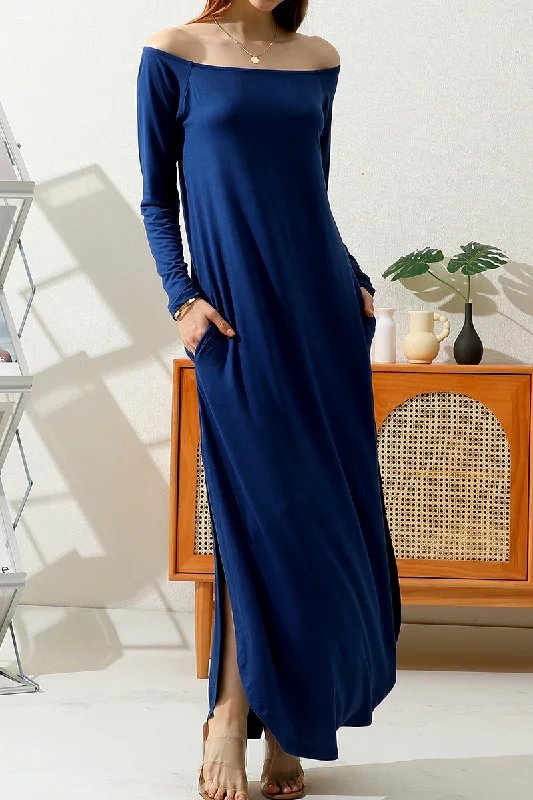 OFF SHOULDER ROUND HEM MAXI DRESS WITH POCKETS Trendy Button Front Maxi Dress