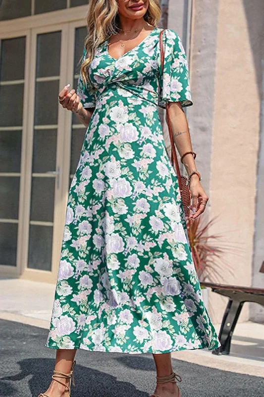 WOMEN HIGH EMPIRE WAIST FLORAL MAXI DRESS Stylish Pleated A-Line Maxi Dress