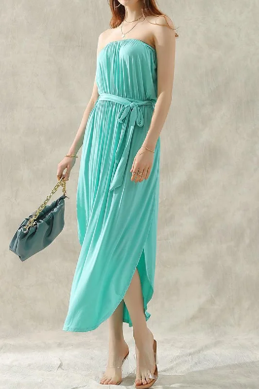 OFF SHOULDER TUBE TOP MAXI DRESS WITH WAIST STRAP Trendy Satin Maxi Dress