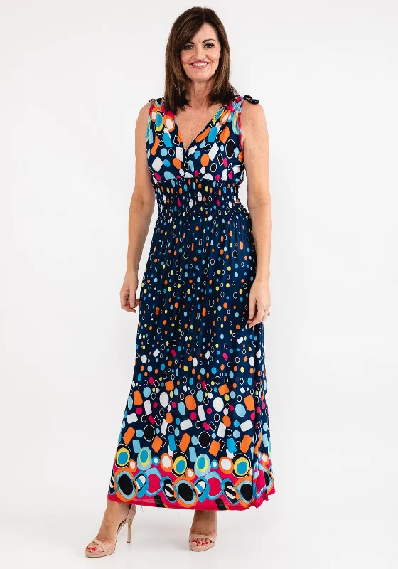 Seventy1 Multi Circle Print Maxi Dress, Navy Multi Elegant Maxi Dress with Slit