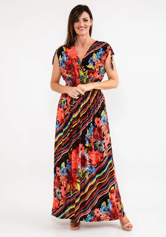 Seventy1 Stripe & Floral Maxi Dress, Black & Coral Multi Fashionable Layered Maxi Dress