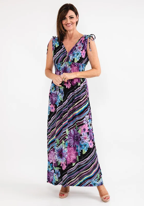 Seventy1 Stripe & Floral Maxi Dress, Black & Lilac Multi Stylish Boho Chic Maxi Dress