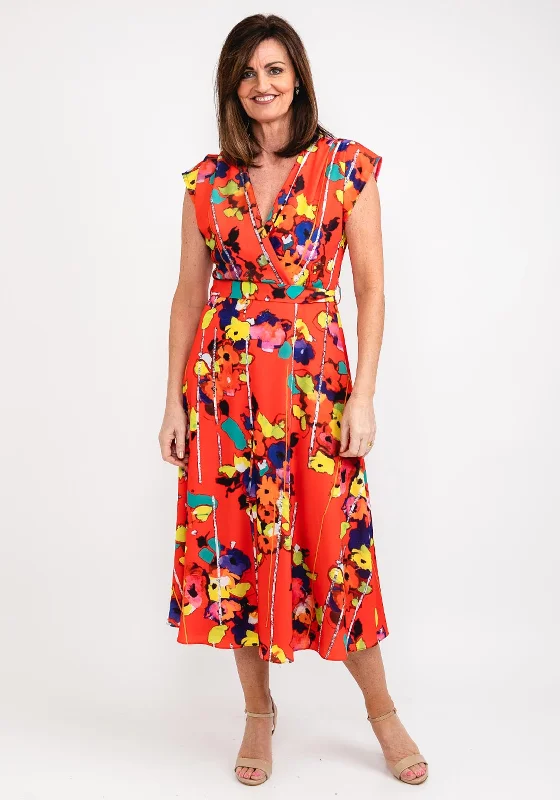 Ella Boo Abstract Floral Print Maxi Dress, Red Multi Elegant Maxi Dress with Lace