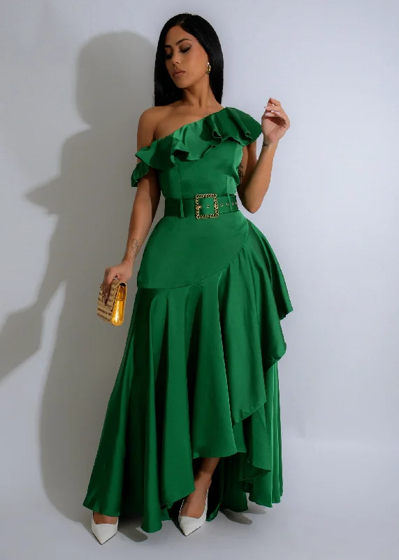 Emerald Rhapsody Satin Maxi Dress Green Trendy Fit-and-Flare Maxi Dress