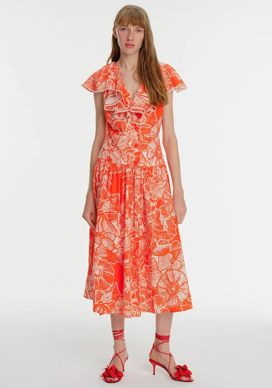 Exquise Ruffle Neck Floral Maxi Dress, Orange Cozy Knit Maxi Dress