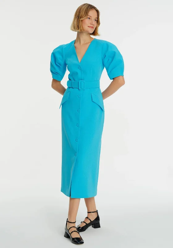 Exquise Belted Puff Sleeve Maxi Dress, Blue Fashionable Button-Down Maxi Dress