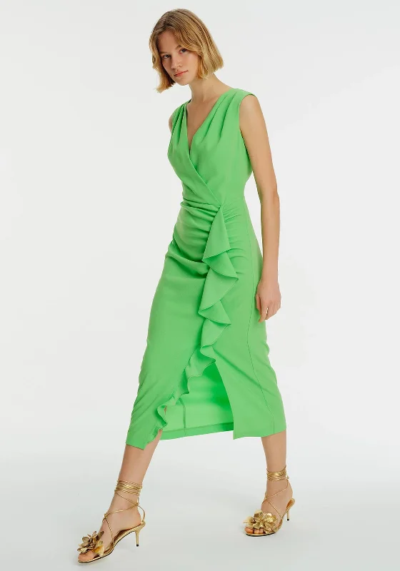 Exquise Ruffle Front Sleeveless Maxi Dress, Green Stylish Long Sleeve Maxi Dress