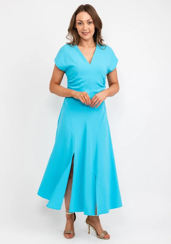 Exquise Ruched Sides Maxi Dress, Blue Elegant Maxi Dress with Slit