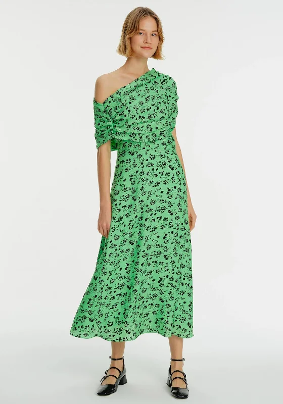 Exquise Floral Off Shoulder Maxi Dress, Green Comfortable Fit-and-Flare Maxi Dress