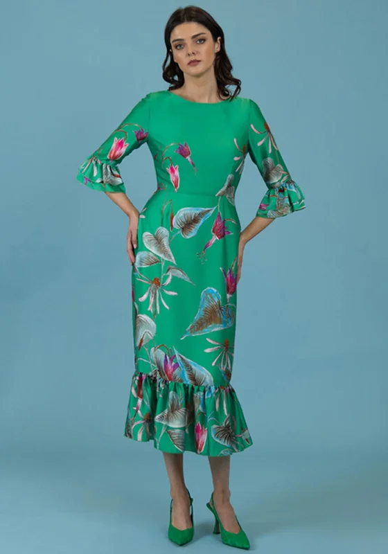 Fee G Satin Floral Maxi Dress, Green Elegant Maxi Dress with Lace